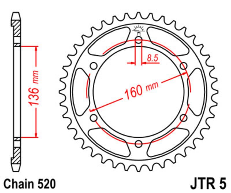 Jt Sprockets Stalen standaard achtertandwiel - 520