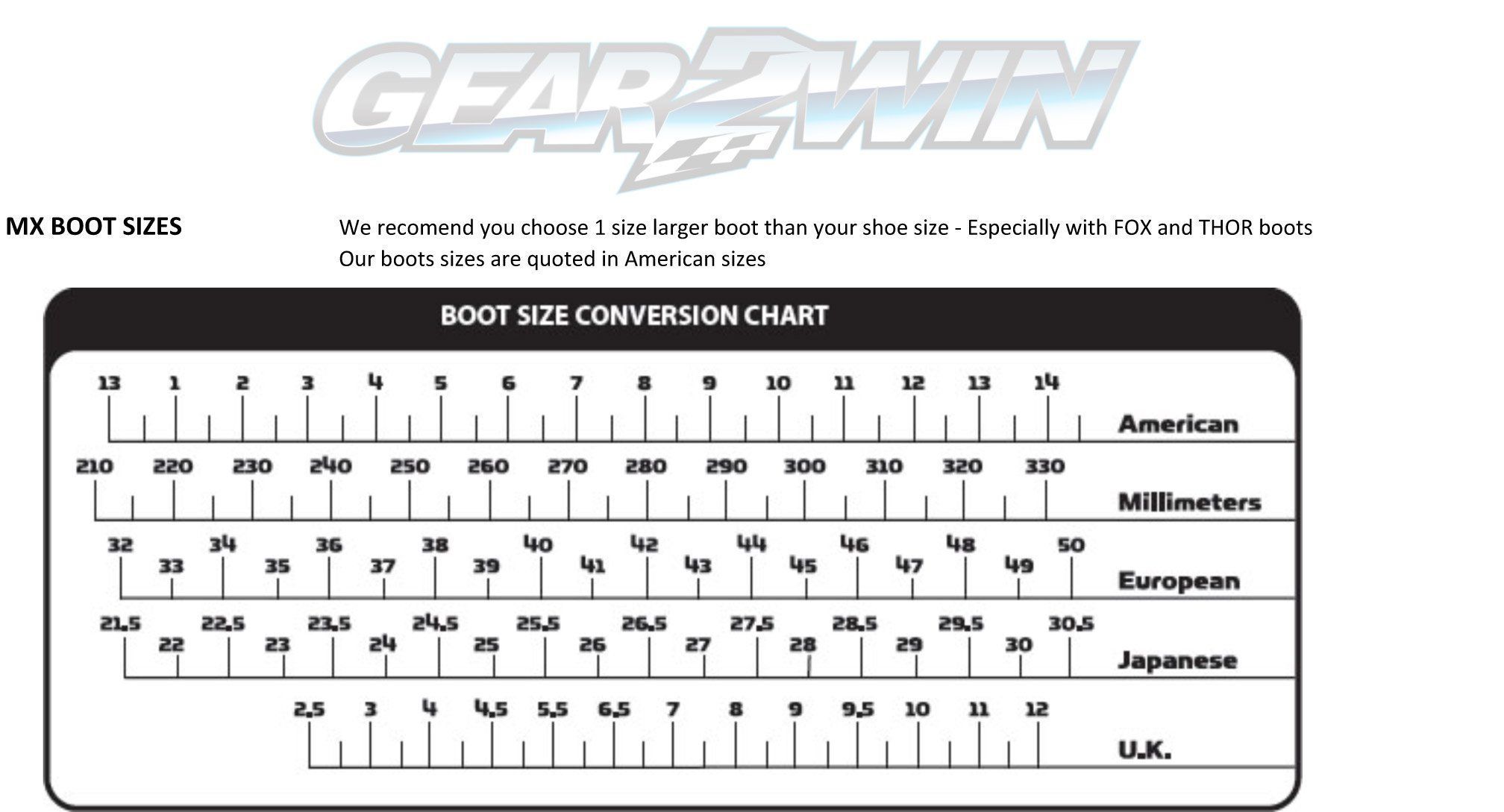 Gear2win MX Boot sizing chart