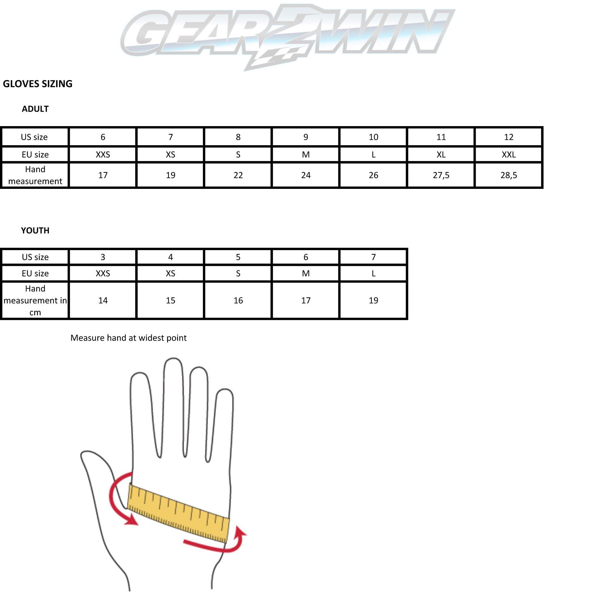 Gear2win Glove sizing chart