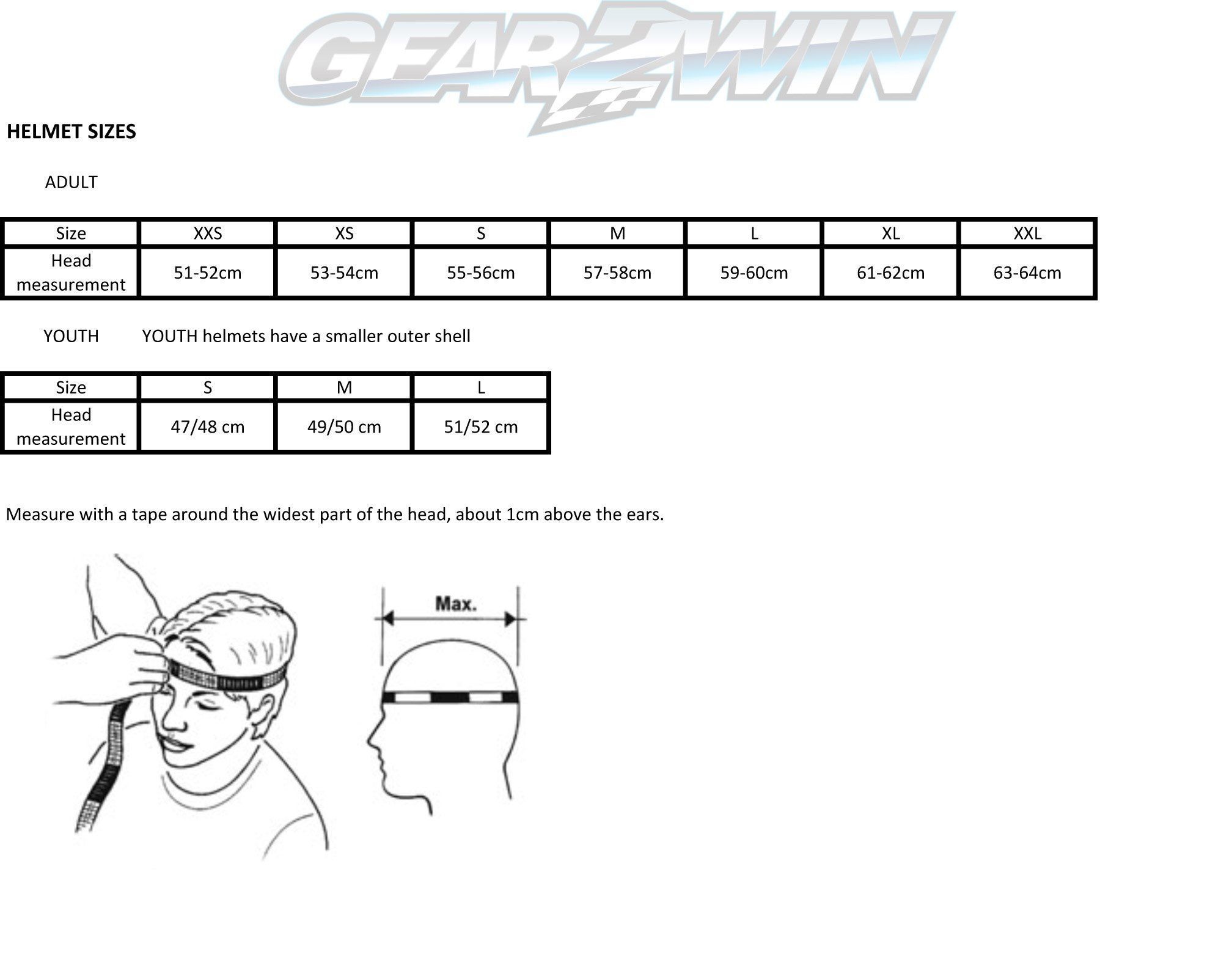 Gear2win Helmet sizing chart
